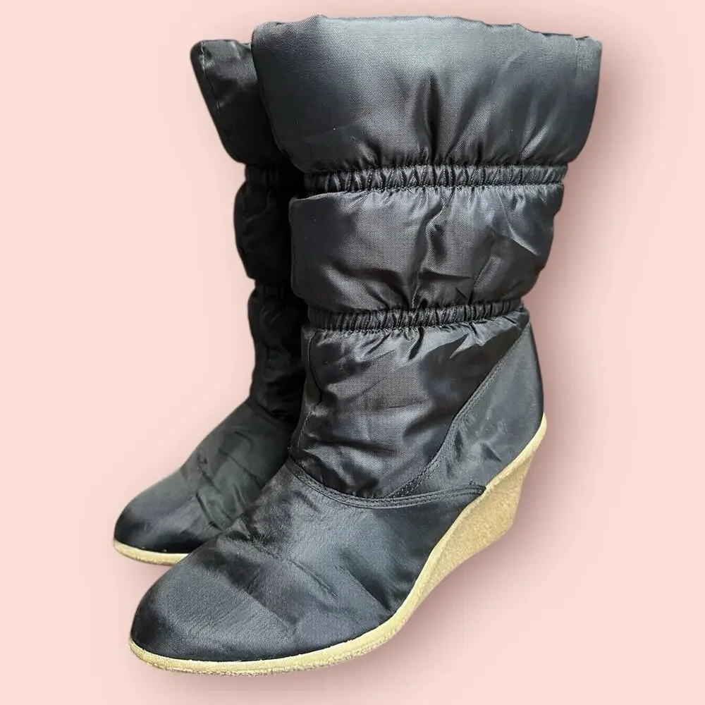 Vtg Y2k Black Puffer Wedge Winter Boots Size 7.5 Slip On Snow Bunny Baddie